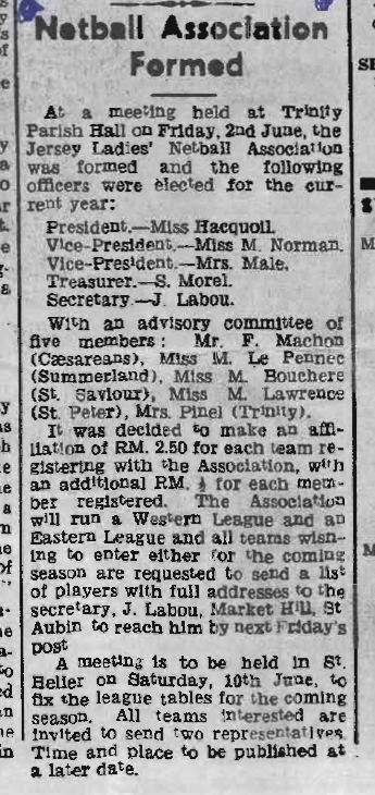 Jersey Netball Association Formation 1944